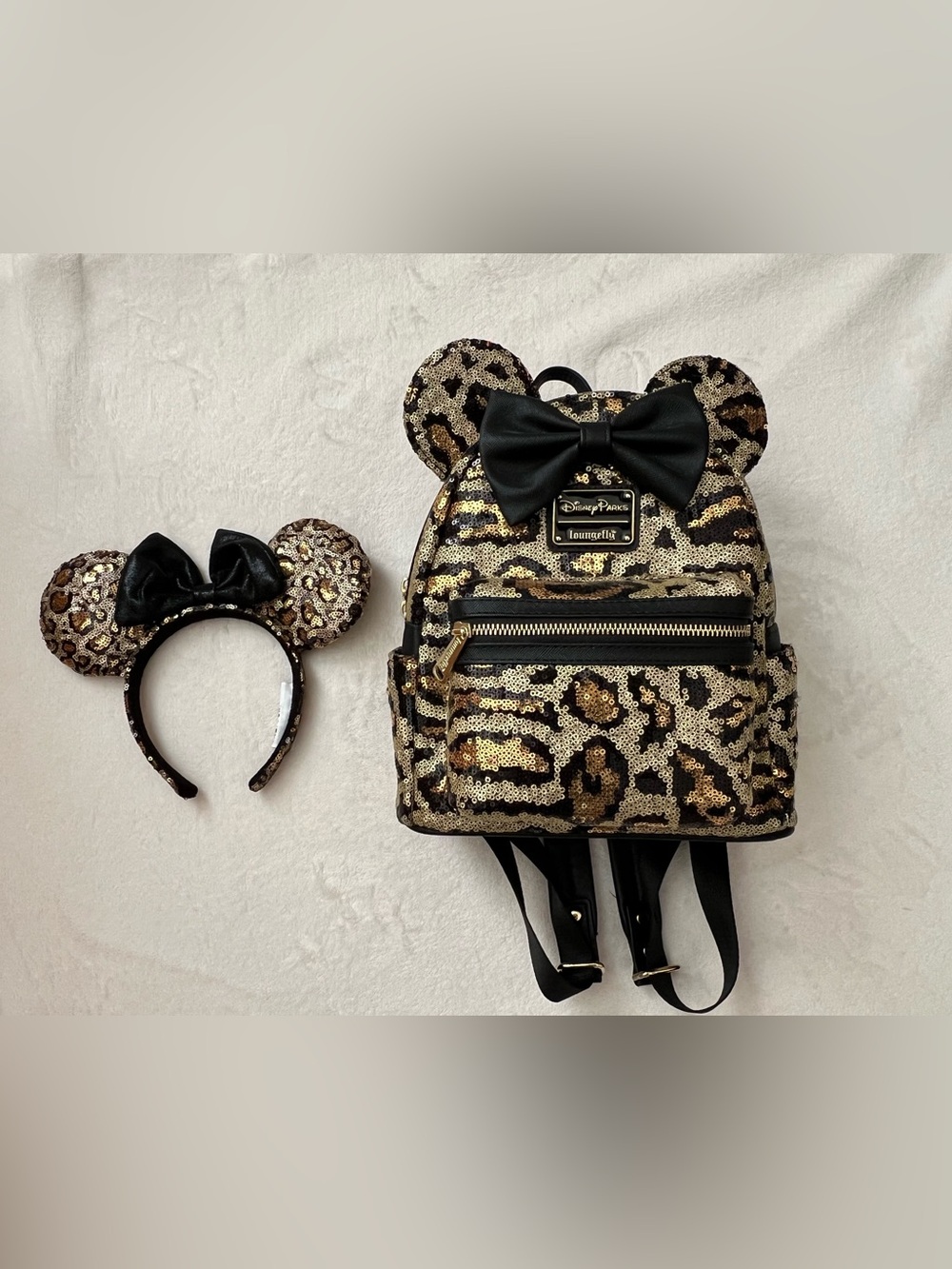 Disney Loungefly Leopard Sequin Mickey Mini Backpack with Ears Headband Set